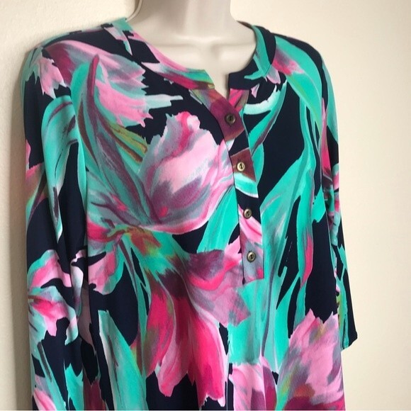 Peach Love California Popover Large Navy Floral Shirttail Dress Women Large - Picture 2 of 11